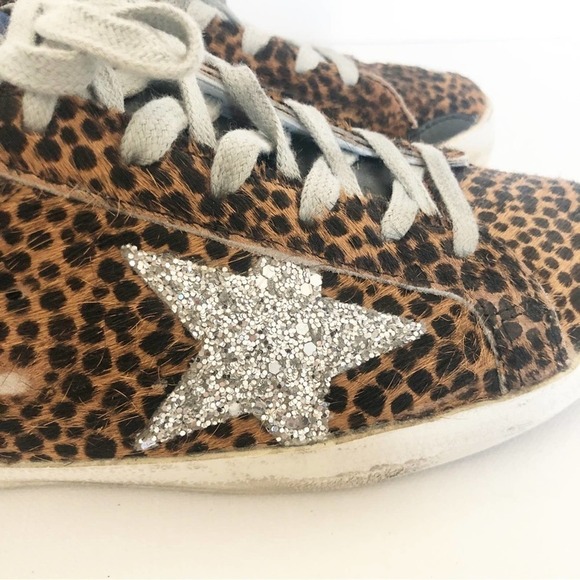 Golden Goose Superstar Leopard Print Pony Hair Glitter Star Distressed Sneakers - Picture 5 of 14